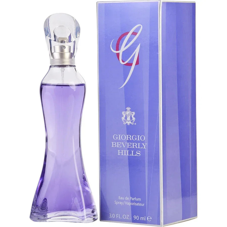 Giorgio Beverly Hills G Eau de Parfum 90ml bottle with purple liquid and matching box, luxury women's fragrance