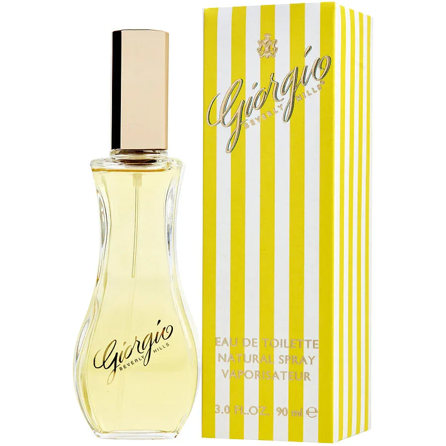 Giorgio Beverly Hills Eau de Toilette 90ml bottle with yellow striped box, natural spray perfume