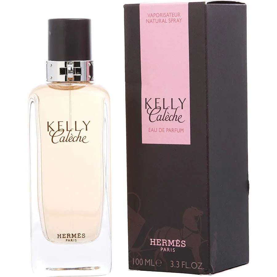 Hermès Kelly Caleche Eau de Parfum 100ml bottle with black cap and pink-labeled box, luxury fragrance for women