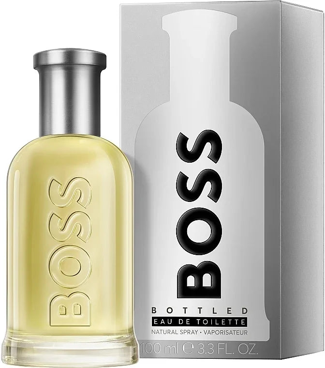 BOSS Bottled Eau de Toilette 100ml men's fragrance with sleek silver bottle and packaging
