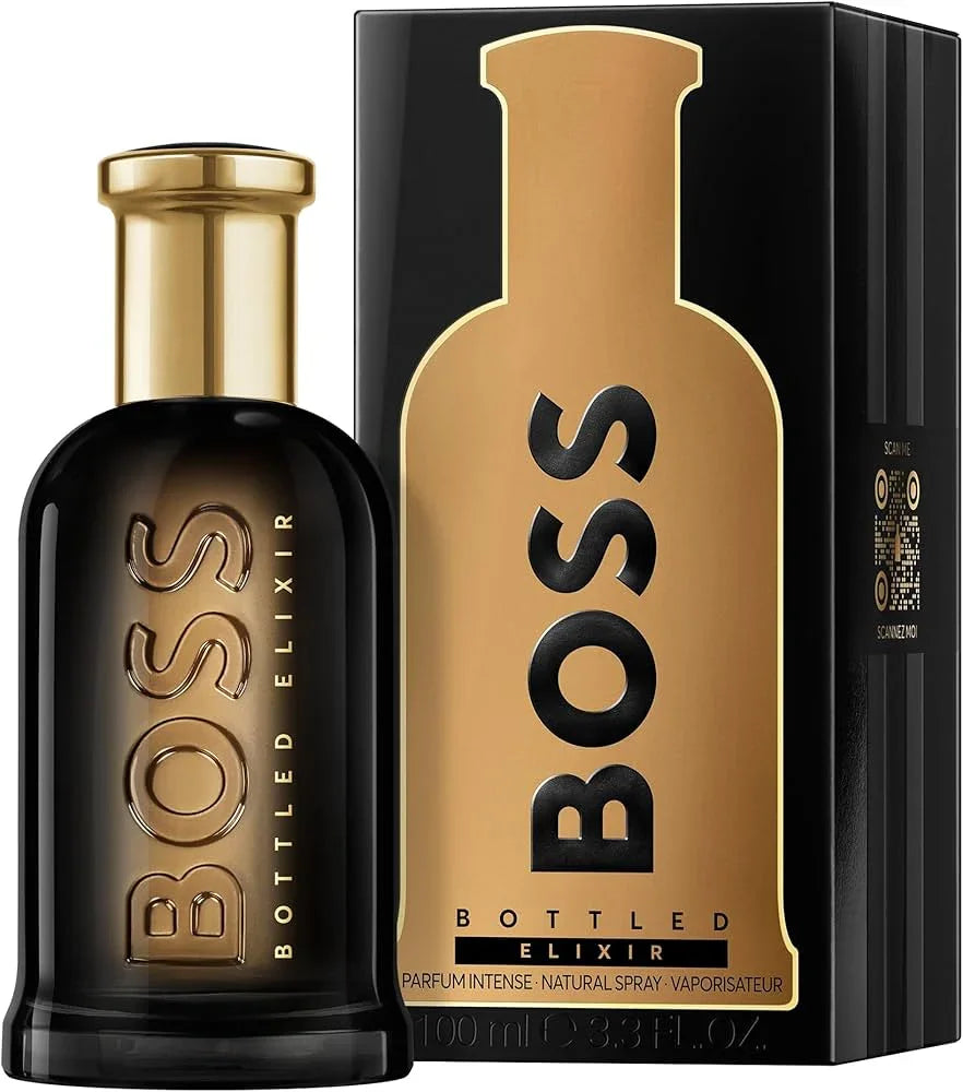 BOSS Bottled Elixir perfume bottle and box, luxury men's fragrance with gold accents