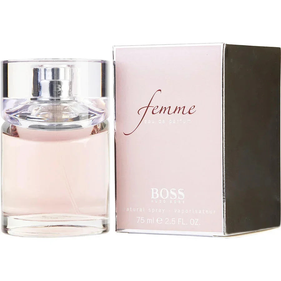 Hugo Boss Femme Eau de Parfum 75ml bottle with pink packaging, luxury women's fragrance