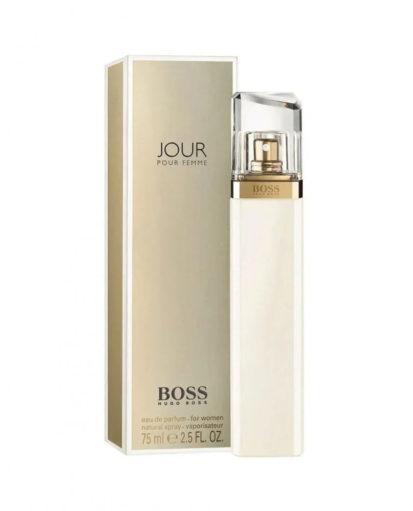 Hugo Boss Jour Pour Femme eau de parfum for women, 75ml bottle with gold accents and packaging