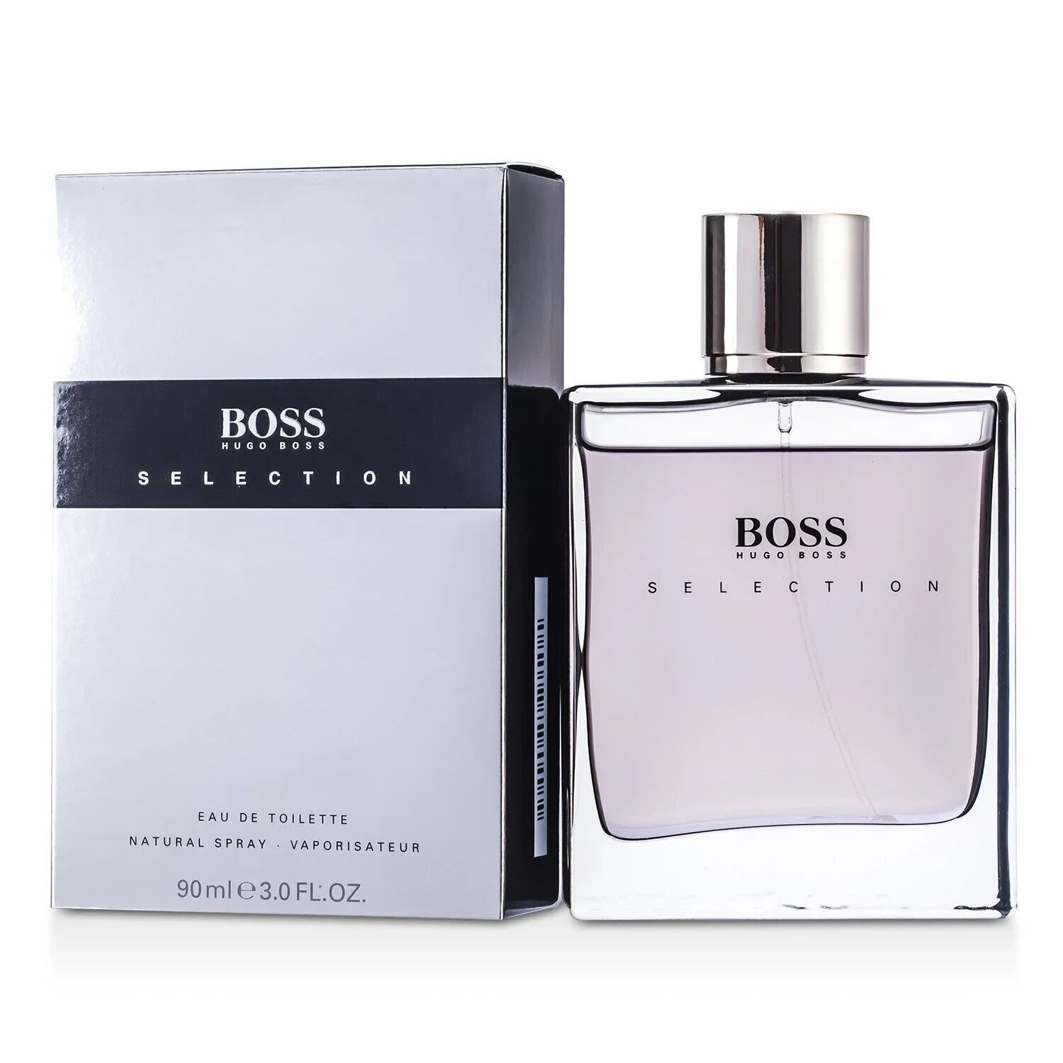 Hugo Boss Selection Eau de Toilette 90ml bottle and box, men's fragrance with sleek silver design