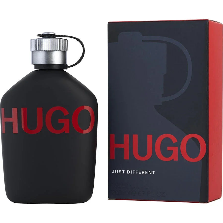 Hugo Just Different men's perfume 200ml bottle and box, bold red logo on matte black design
