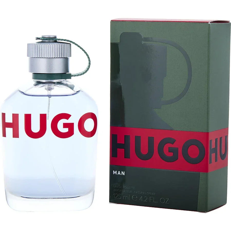 Hugo Man Eau de Toilette 125ml bottle with green and red packaging, authentic men's fragrance