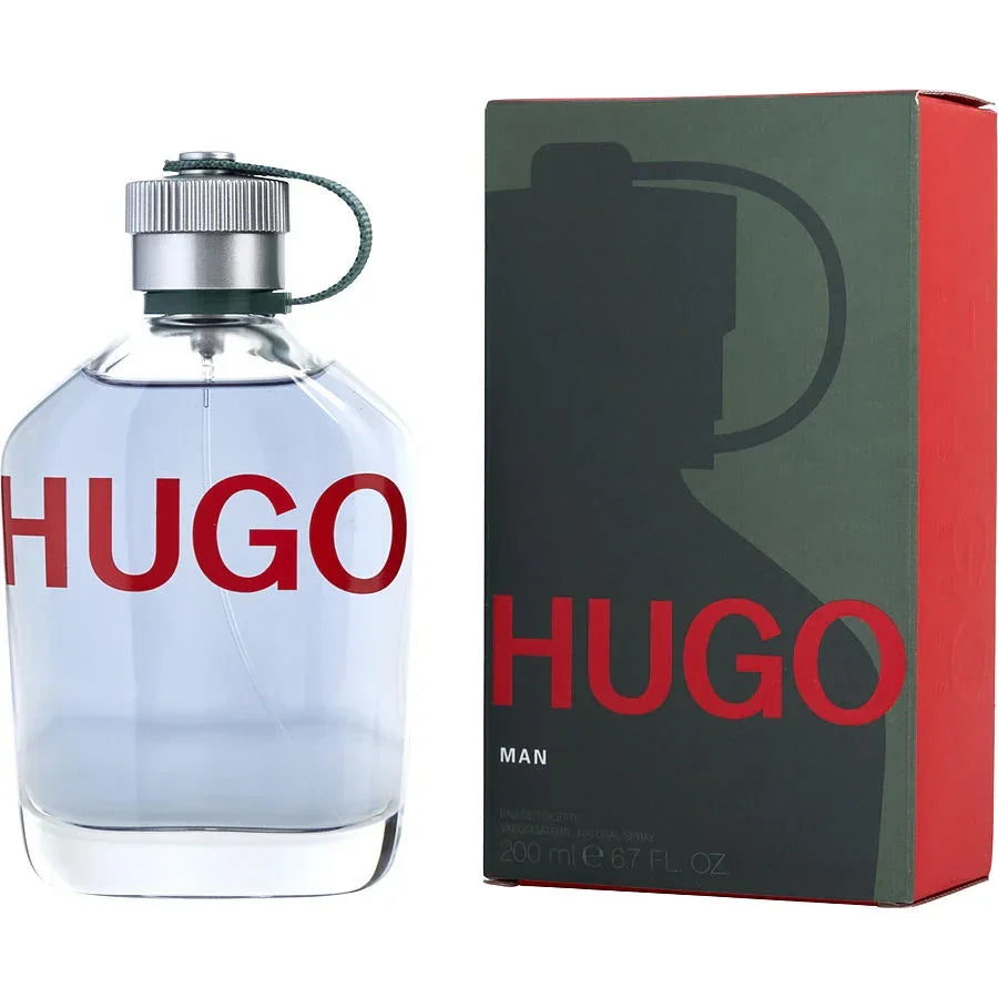Hugo Man Eau de Toilette 200ml bottle with green and red packaging, authentic perfume for men