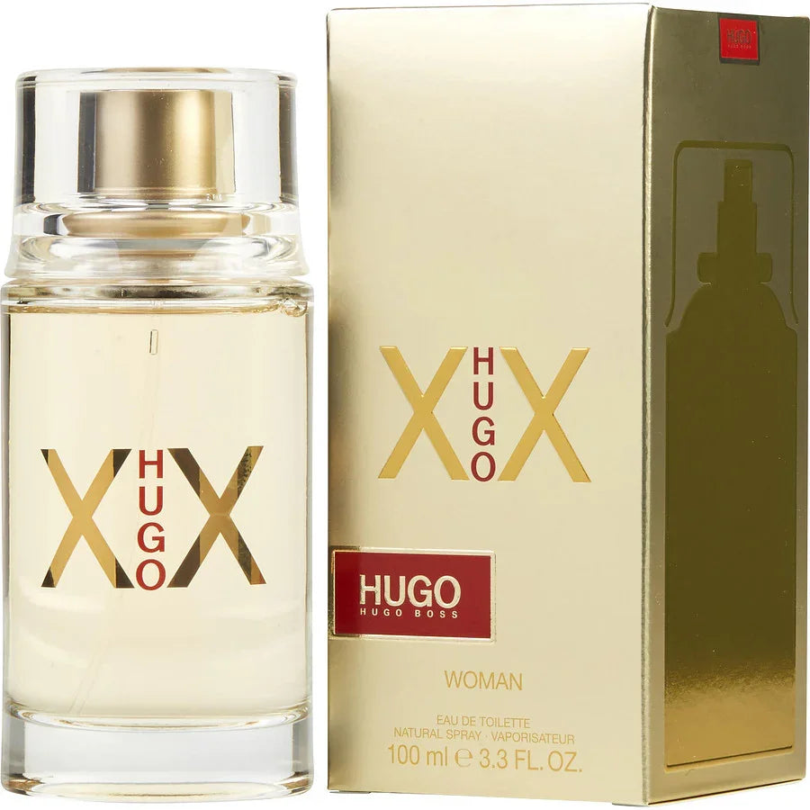 Hugo Boss XX Woman Eau de Toilette 100ml perfume bottle with gold packaging, luxury fragrance for women