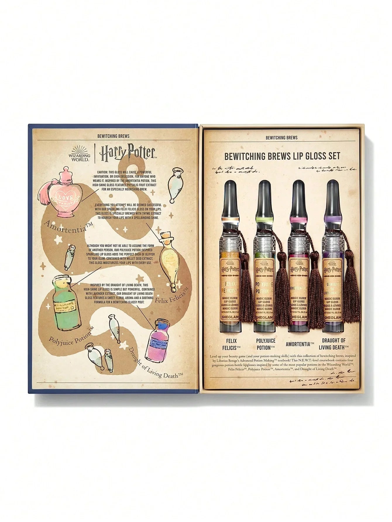 Harry Potter Bewitching Brews Lip Gloss Set with 4 potion-inspired glosses in Felix Felicis, Polyjuice, Amortentia, Draught of Living Death