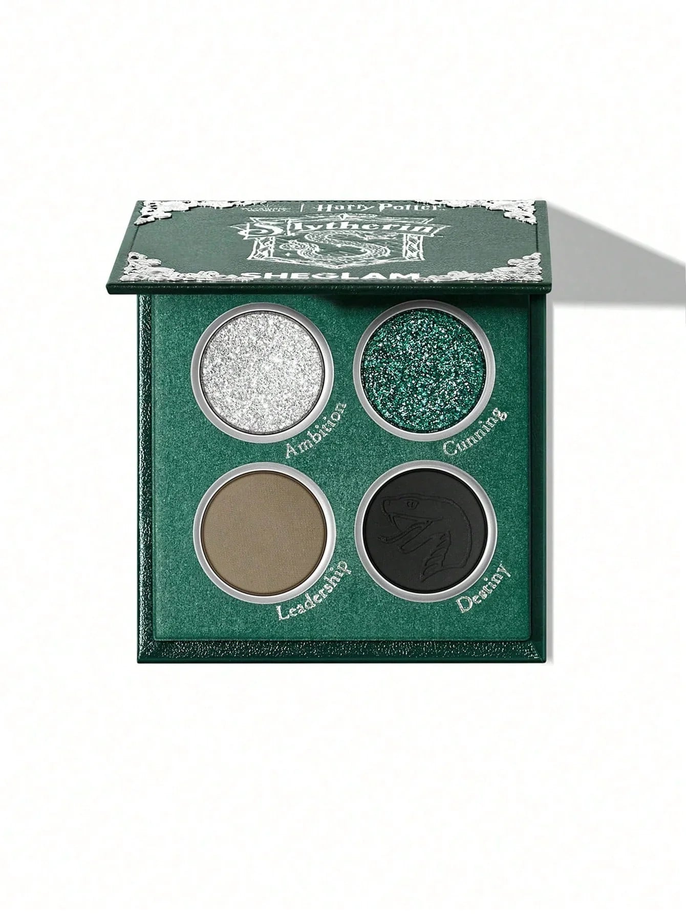 Slytherin Harry Potter eyeshadow palette with green, silver, brown, and black shades