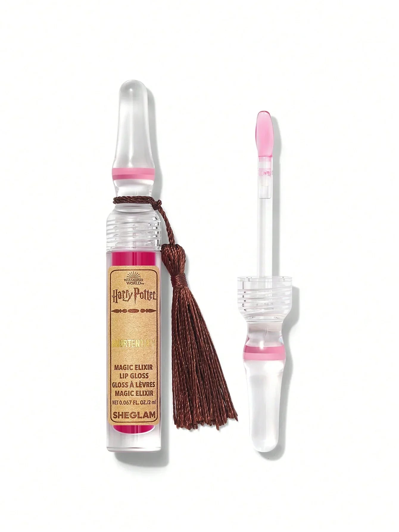 Harry Potter Magic Elixir lip gloss with tassel applicator, vibrant pink shade for lips