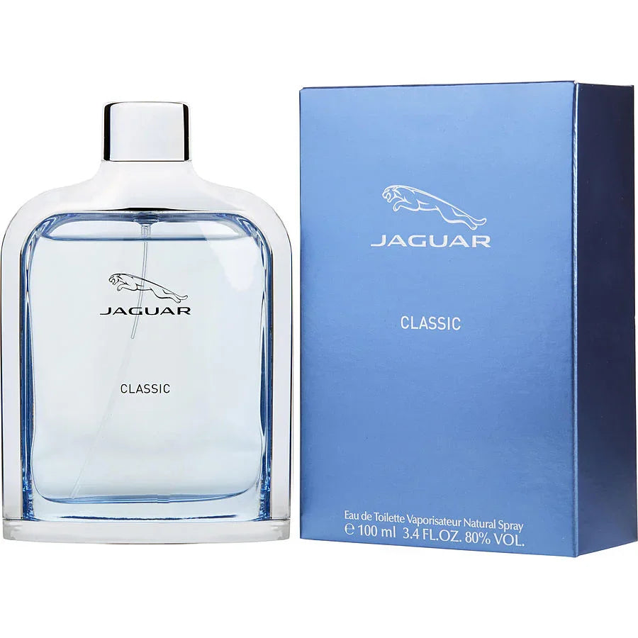 Jaguar Classic Eau de Toilette 100ml bottle and blue box, men's fragrance with sleek design