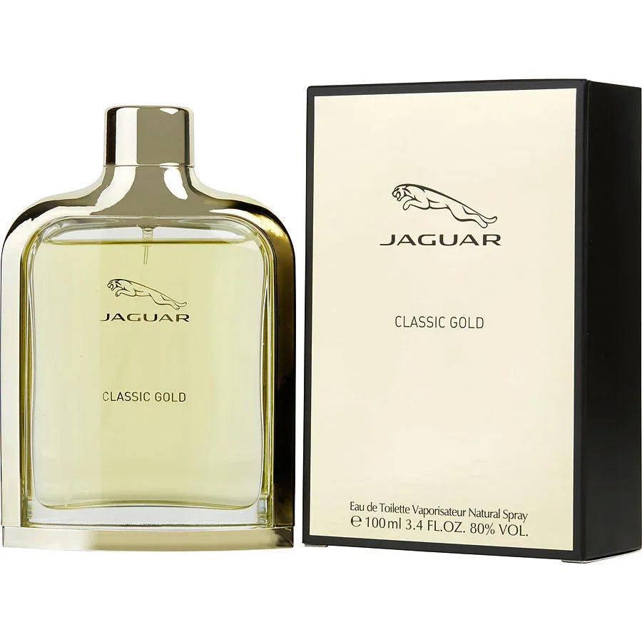 Jaguar Classic Gold Eau de Toilette 100ml bottle and box, luxury men's fragrance with golden design
