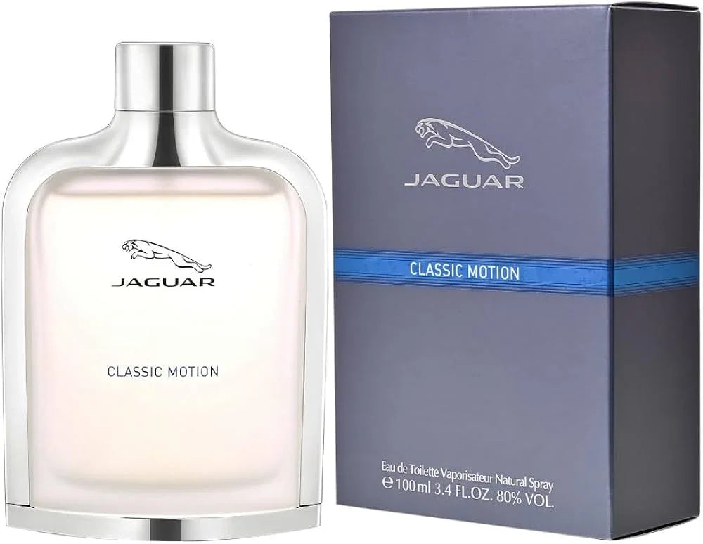 Jaguar Classic Motion Eau de Toilette 100ml bottle and box, men's fragrance with sleek silver design
