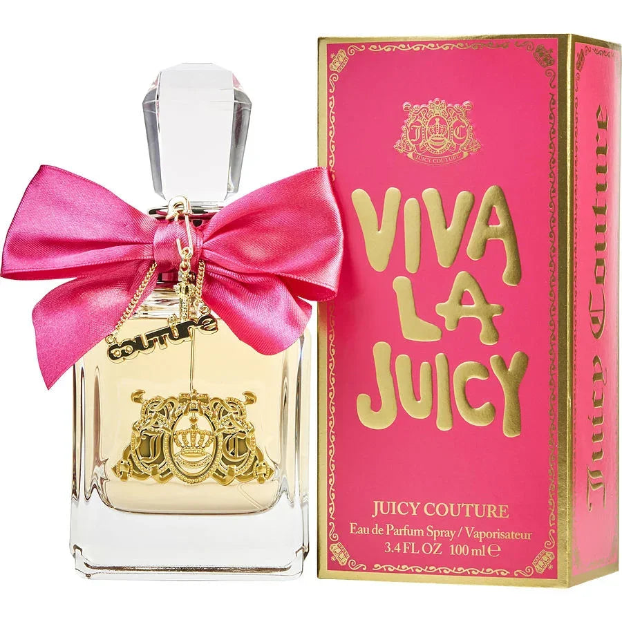 A bottle of Juicy Couture Viva La Juicy Eau de Parfum with a pink bow and the product packaging box with the scent name and brand displayed.