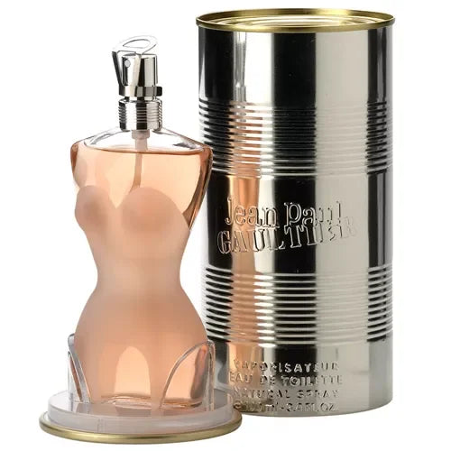 Jean Paul Gaultier Classique Eau de Toilette bottle with iconic female silhouette and metallic can packaging