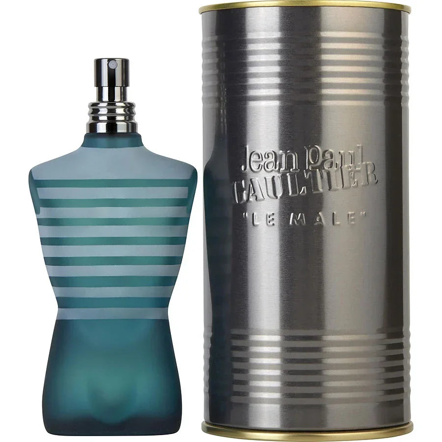Jean Paul Gaultier Le Male men's perfume bottle with striped design and metallic canister packaging