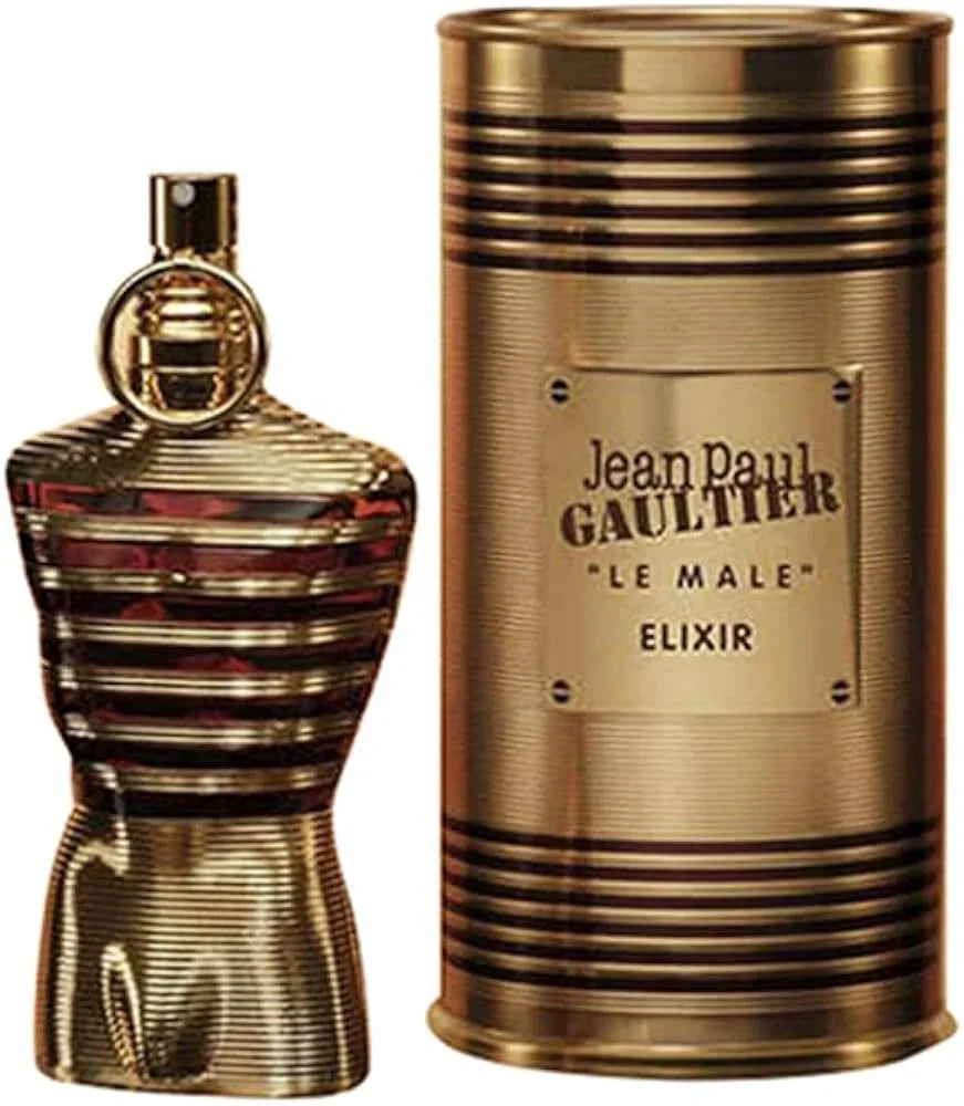 Jean Paul Gaultier Le Male Elixir perfume bottle and gold canister packaging
