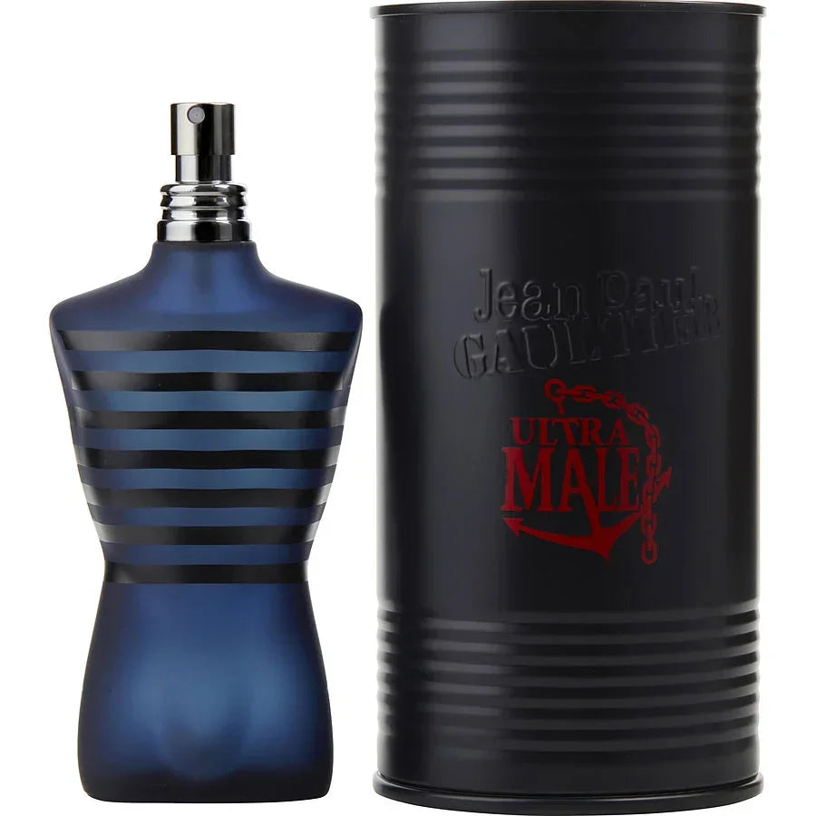 Jean Paul Gaultier Ultra Male perfume bottle with blue striped design and black cylindrical packaging