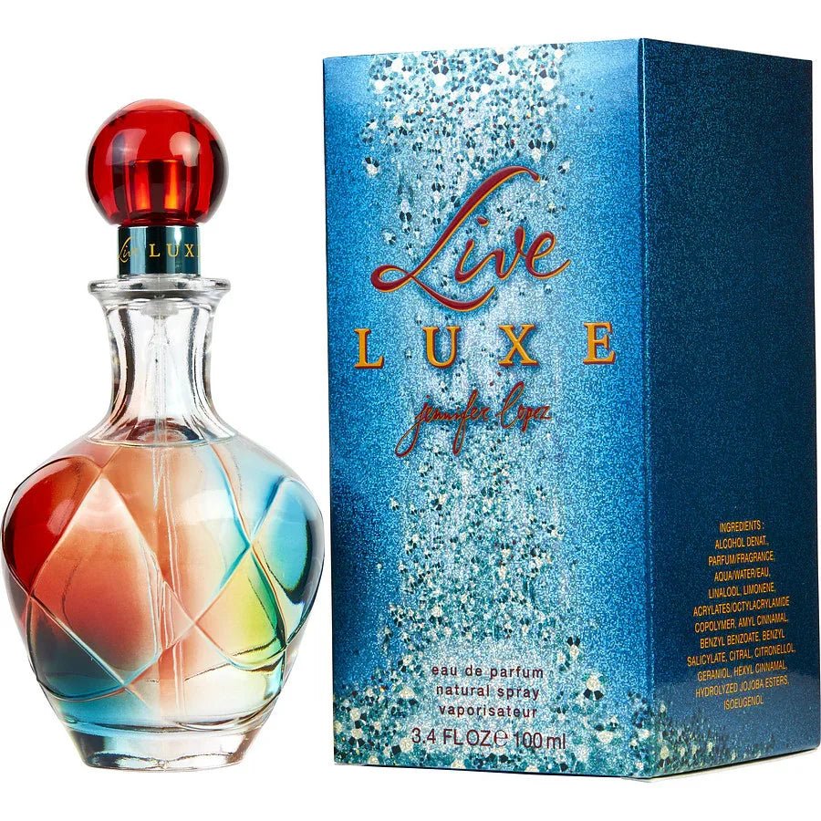 Jennifer Lopez Live Luxe eau de parfum 100ml bottle with blue glitter box, luxury fragrance for women