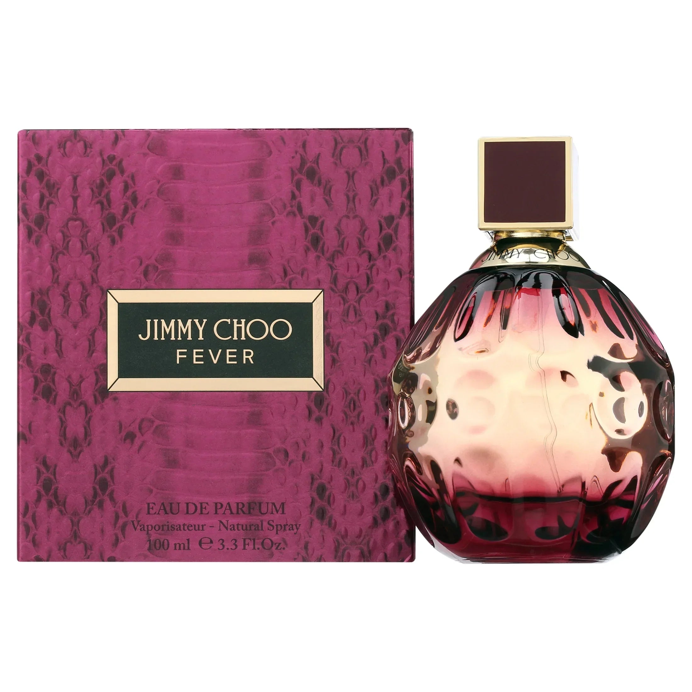 Jimmy Choo Fever Eau de Parfum 100ml bottle with purple snakeskin box, luxury fragrance for women
