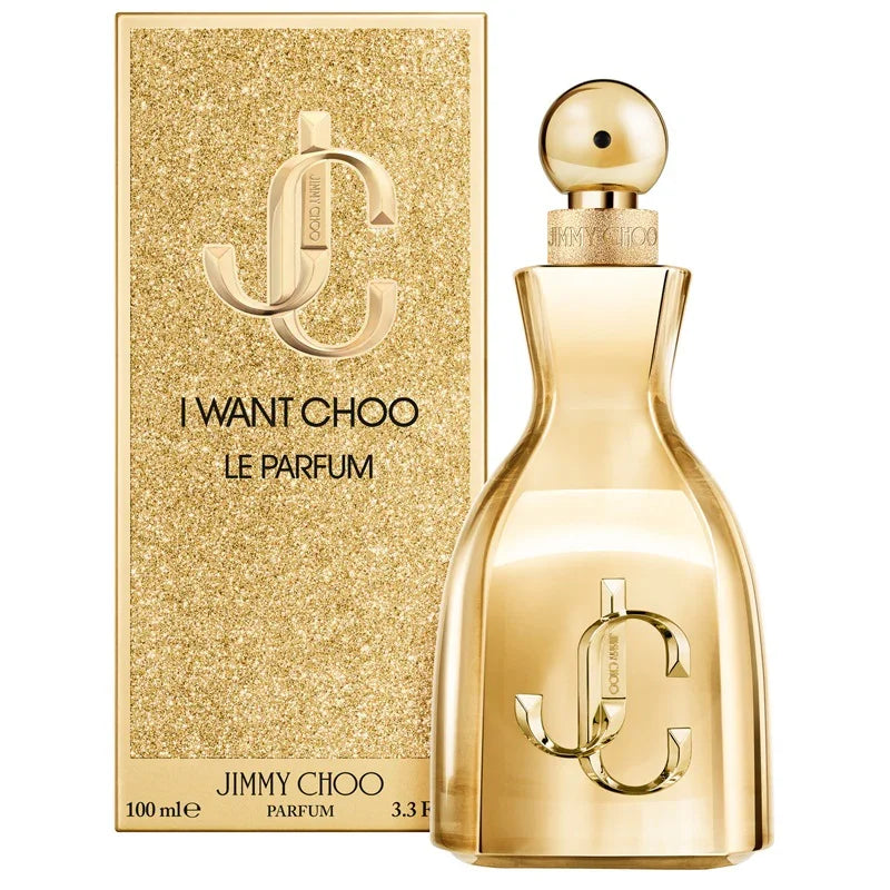 Jimmy Choo I Want Choo Le Parfum 100ml gold bottle and glitter box, luxury fragrance for women