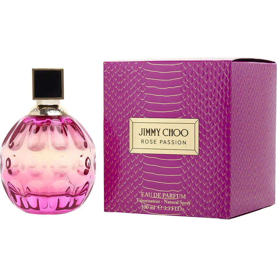 Jimmy Choo Rose Passion Eau de Parfum 100ml bottle and purple textured box for luxury fragrance shopping