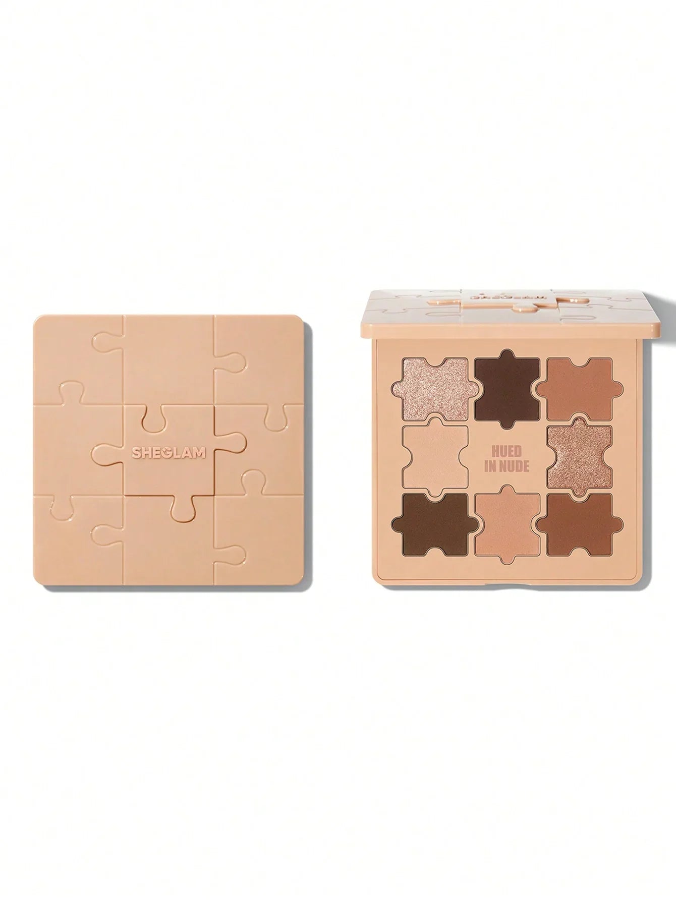 Sheglam Hued in Nude eyeshadow palette with puzzle-piece design and neutral shades