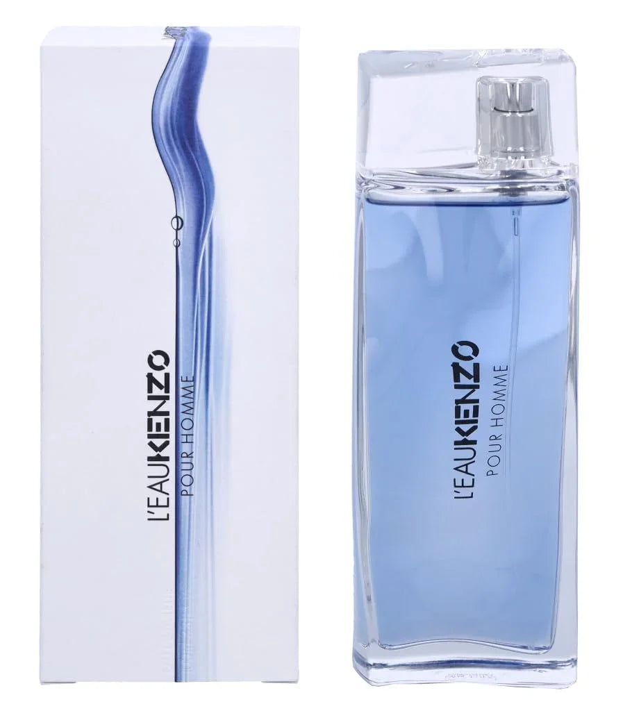 L'Eau Kenzo Pour Homme men's perfume bottle and box, blue aquatic fragrance for men