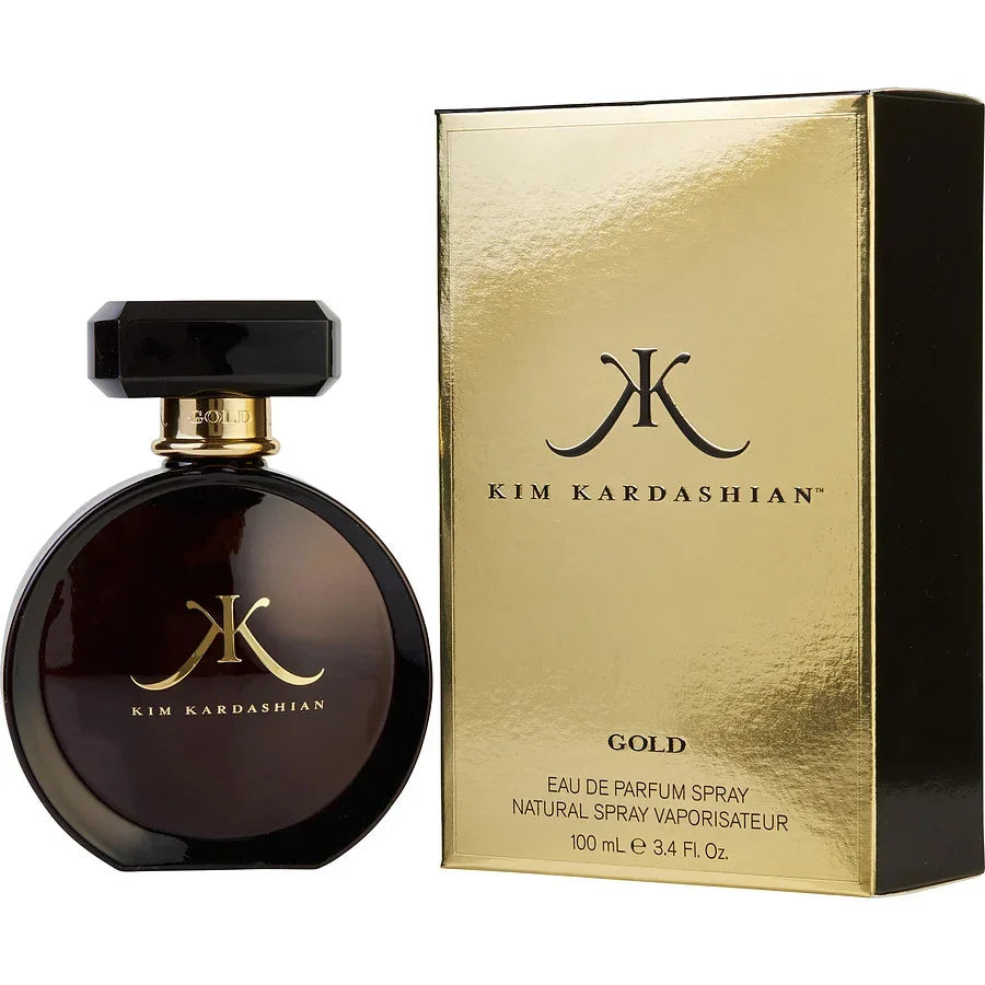 Kim Kardashian Gold Eau de Parfum spray bottle and luxury gold packaging, 100ml
