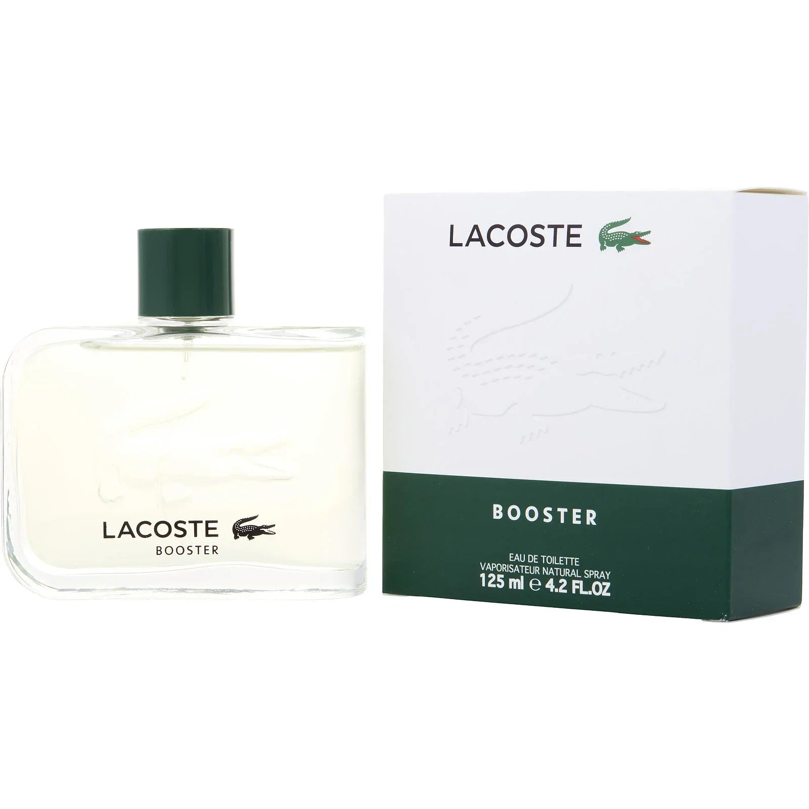 Lacoste Booster Eau de Toilette 125ml bottle and box, men's fragrance with green cap and crocodile logo