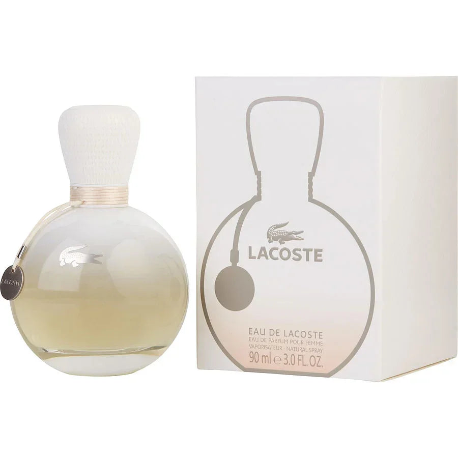 Lacoste Eau de Lacoste women's perfume bottle and box, 90ml, elegant white design with crocodile logo