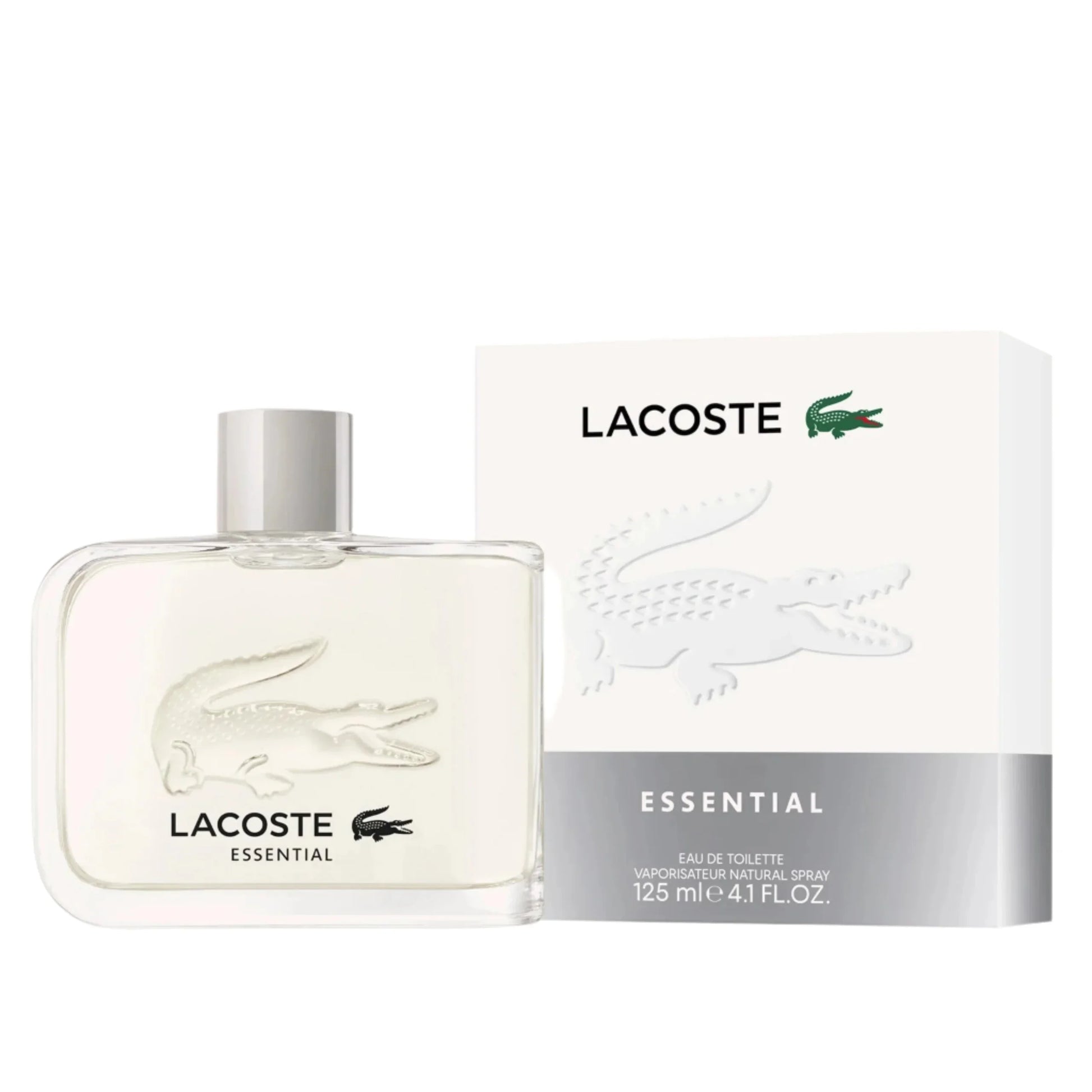 Lacoste Essential Eau de Toilette 125ml for men, clear bottle with crocodile logo, white packaging