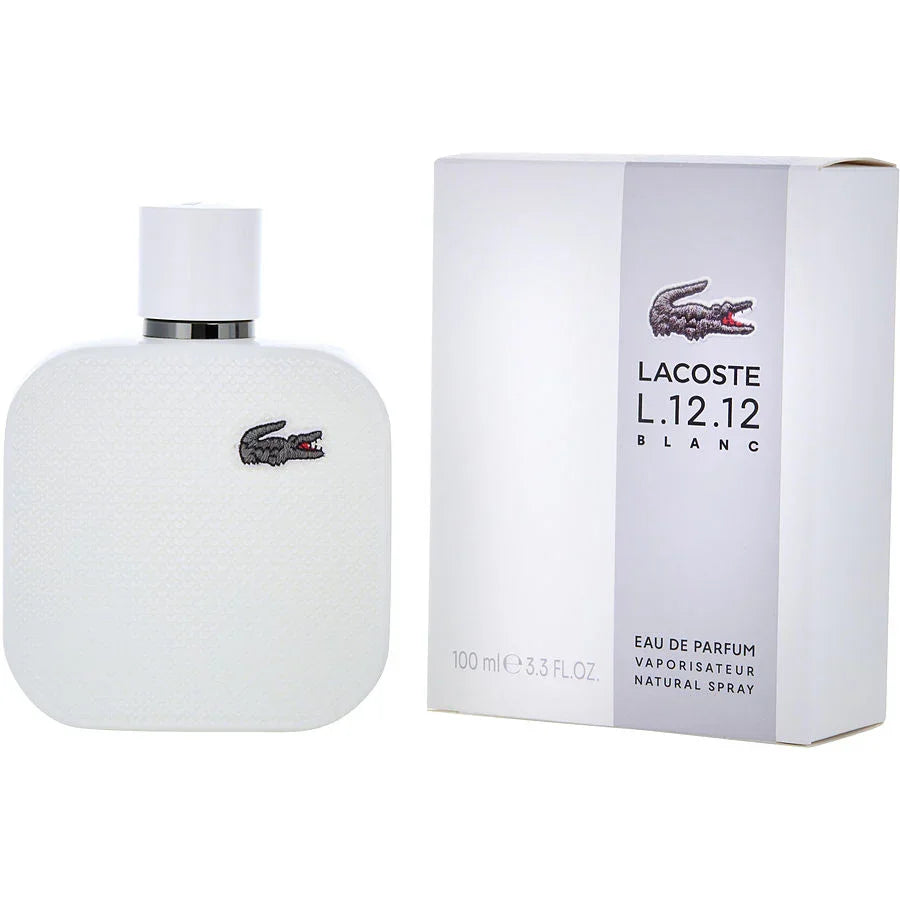 Lacoste L.12.12 Blanc Eau de Parfum 100ml bottle and box, white textured design with crocodile logo