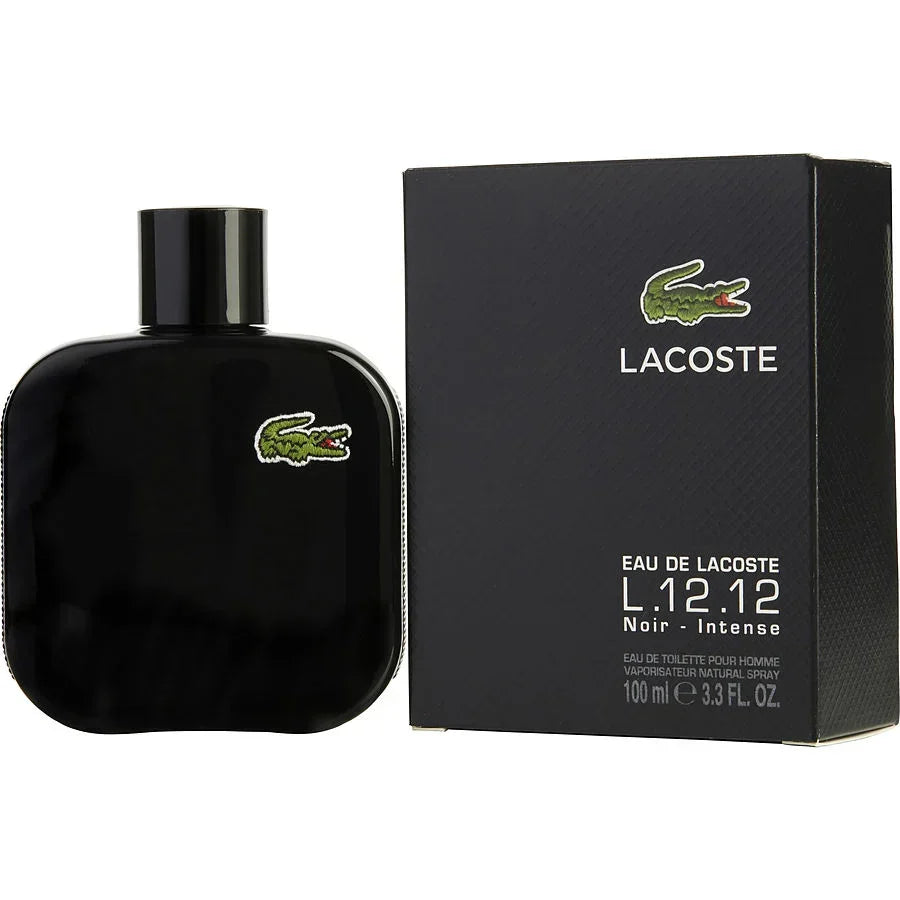 Lacoste L.12.12 Noir Intense Eau de Toilette for men, 100ml bottle with black packaging and green crocodile logo