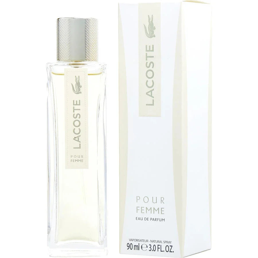 Lacoste Pour Femme Eau de Parfum 90ml bottle and box, elegant women's fragrance with silver cap and crocodile logo