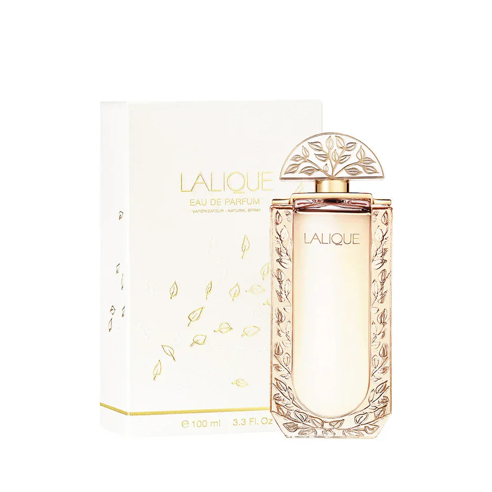Lalique Eau de Parfum 100ml bottle with gold leaf design, luxury fragrance for women