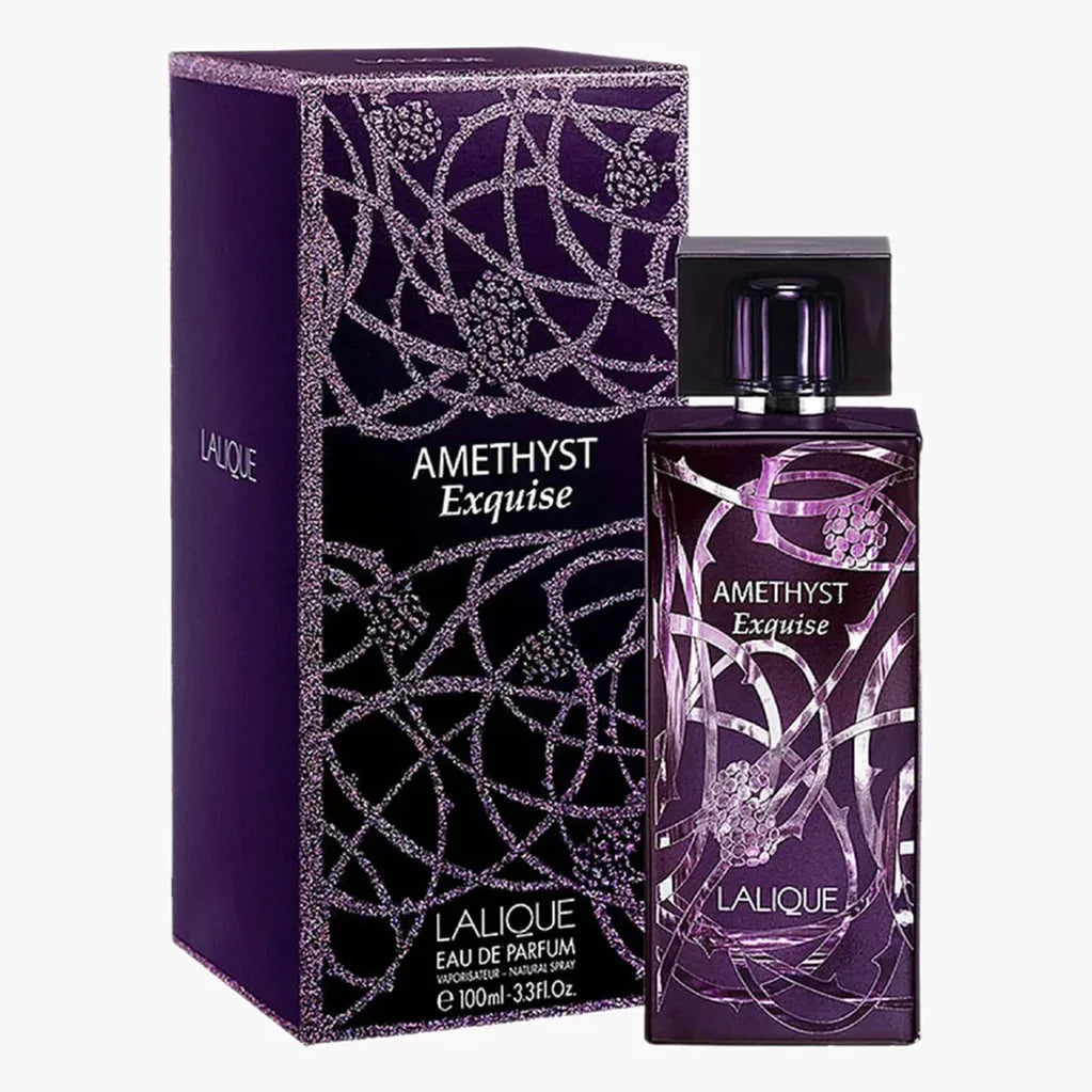 Lalique Amethyst Exquise Eau de Parfum 100ml bottle and box, purple floral design, luxury fragrance
