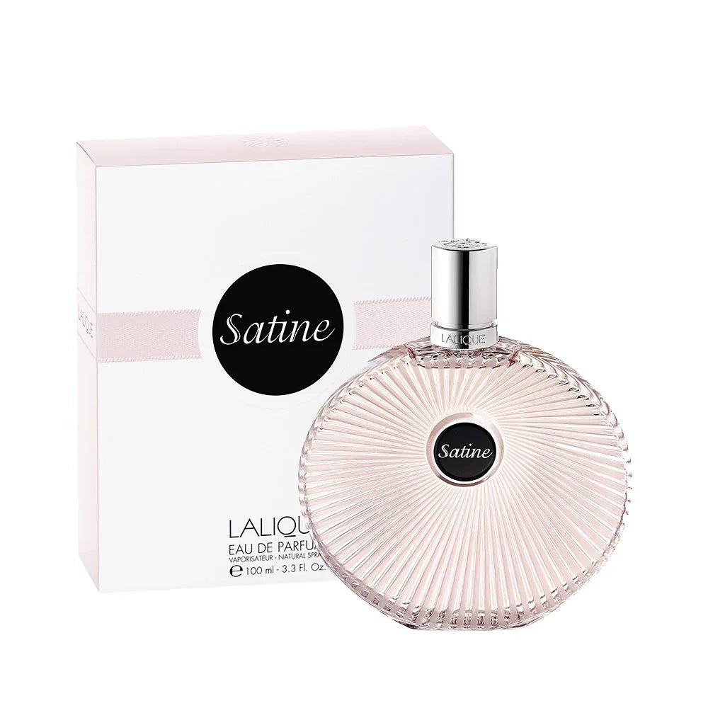 Lalique Satine Eau de Parfum bottle with elegant pink design and packaging