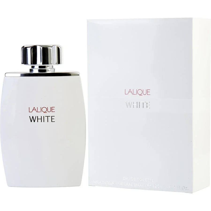 Lalique White Eau de Toilette 125ml bottle and box, minimalist white design with silver cap