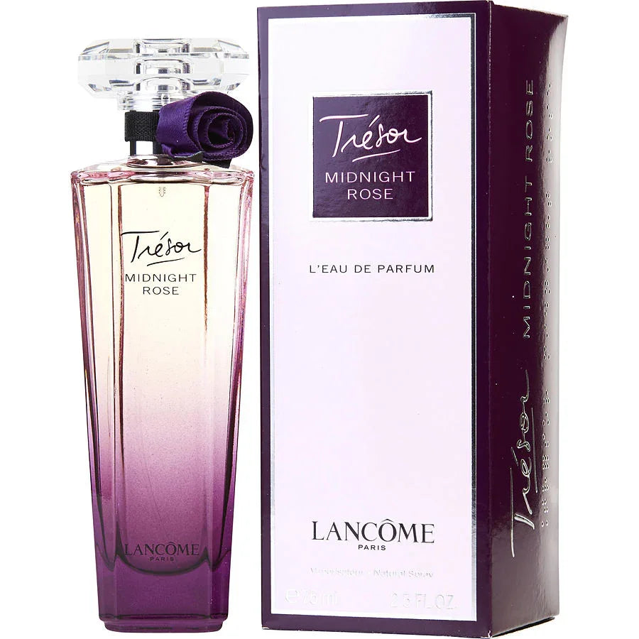 Lancôme Trésor Midnight Rose Eau de Parfum bottle with purple gradient and floral cap, 75ml
