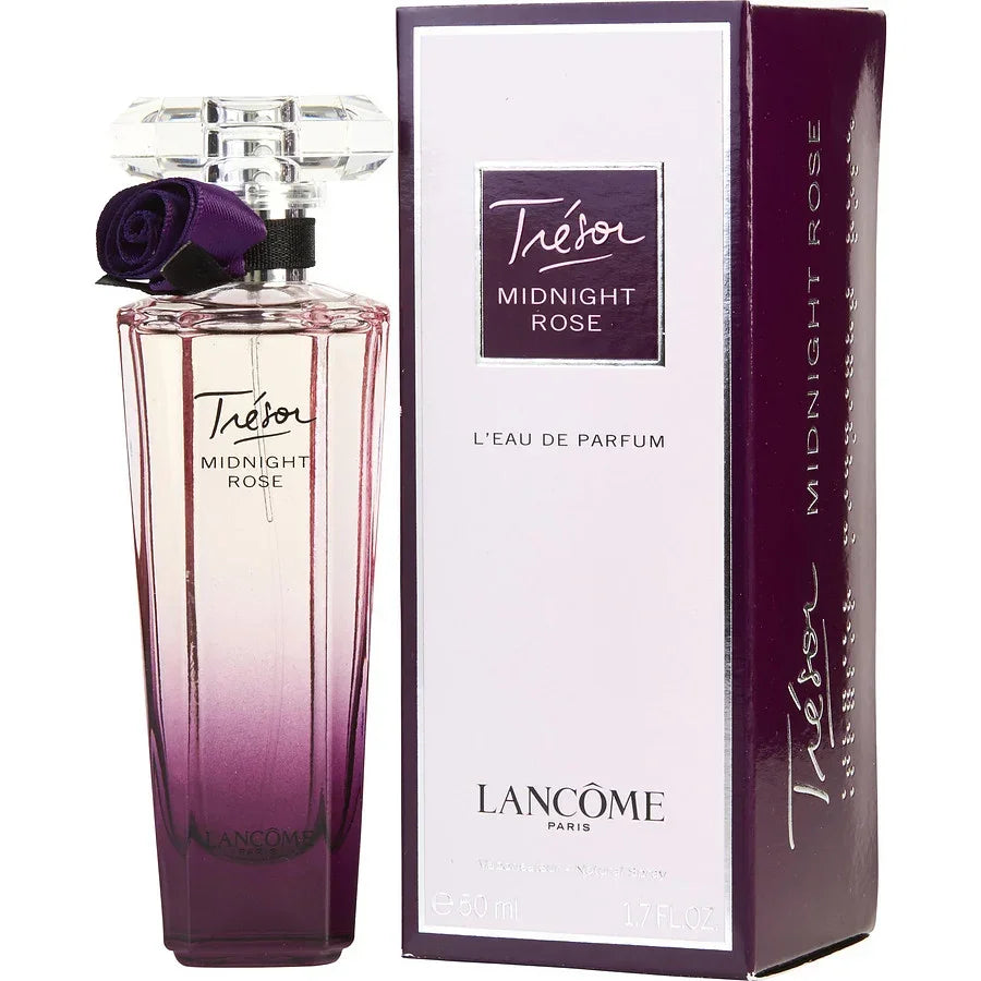 Lancôme Trésor Midnight Rose Eau de Parfum bottle with purple rose accent and packaging, 50ml