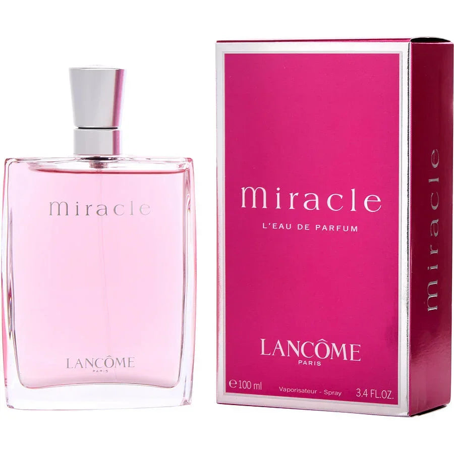 Lancôme Miracle Eau de Parfum 100ml bottle and pink box, luxury perfume for women