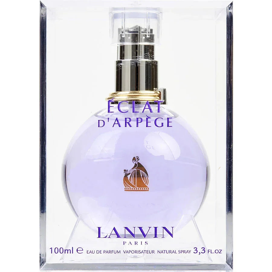 Lanvin Eclat d'Arpege Eau de Parfum 100ml bottle in clear packaging, purple glass with gold accents