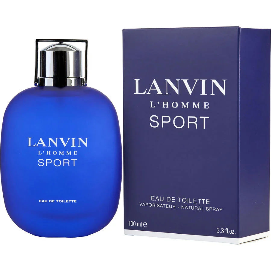 Lanvin L'Homme Sport Eau de Toilette 100ml bottle and box, men's fragrance with blue glass and silver cap