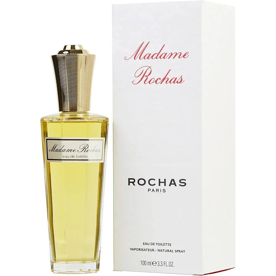 Madame Rochas Eau de Toilette perfume bottle with gold cap and white box, 100ml