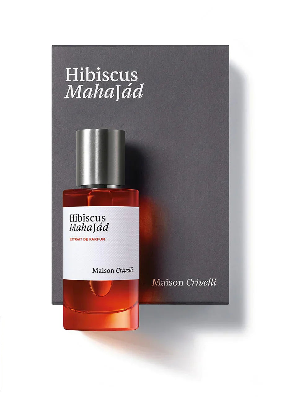 Maison Crivelli Hibiscus Mahajad Extrait de Parfum bottle with dark grey box, luxury fragrance