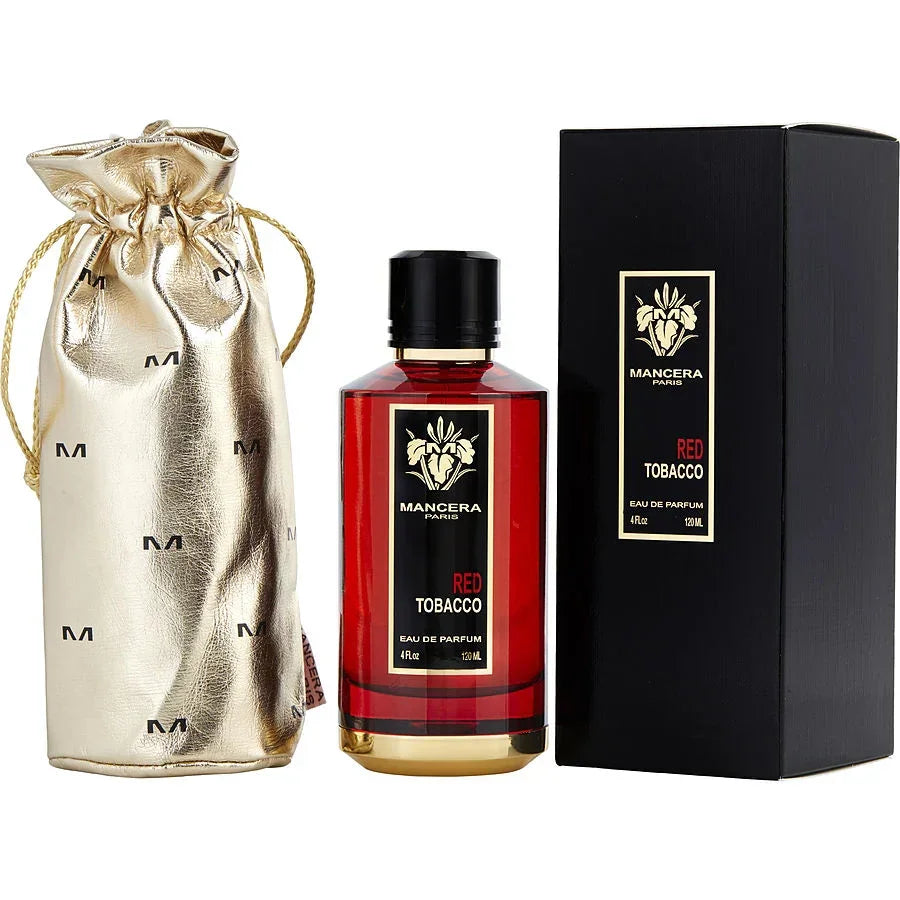 Mancera Red Tobacco Eau de Parfum 120ml with gold pouch and black box, luxury perfume set