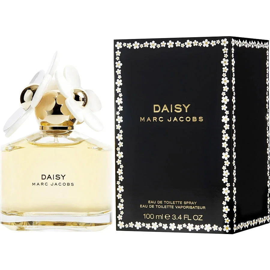 Marc Jacobs Daisy Eau de Toilette 100ml bottle with floral cap and black box, authentic perfume for women
