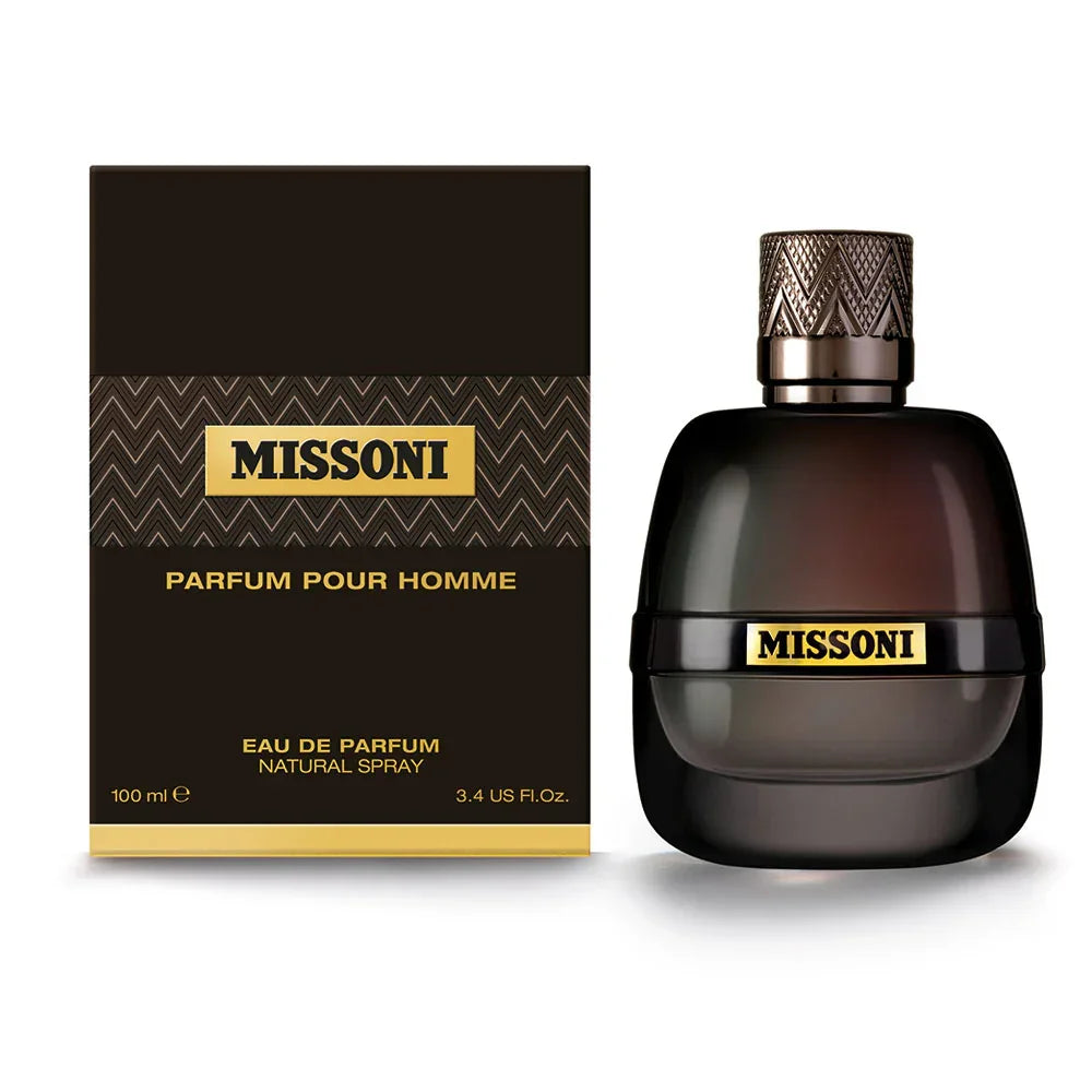 Missoni Parfum Pour Homme Eau de Parfum 100ml bottle and box, luxury men's fragrance with gold accents
